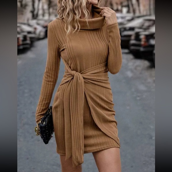 Classic Long Sleeve Cowl Neck Knot Side Wrap Hem Ribbed Dress - Picture 7 of 16